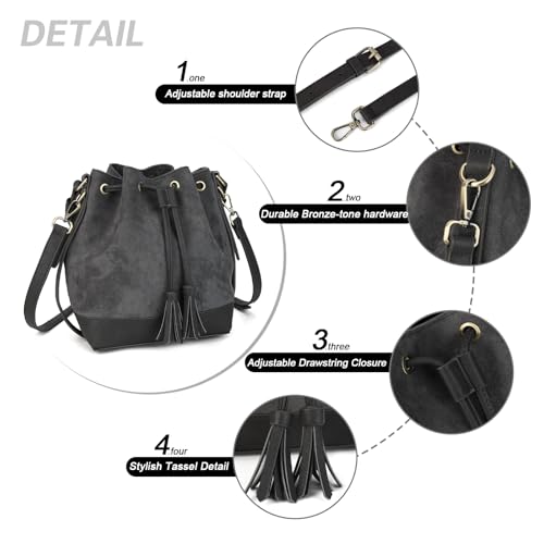 AFKOMST Faux Suede Bucket Bags and Drawstring Crossbody Purse for Women Medium Tote Handbags with 2 Shouder Straps | Fit Pad mini, Long Wallet, Removable Long Strap - color: Grey