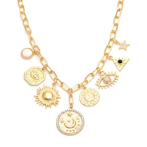 ORIGENCE Sun Heart Necklace for Women 18K Gold Plated Heart Pendant Necklace Chunky Chain Choker Necklaces Hip Hop Charm Necklaces Trendy Unisex Jewelry - style: 8Charm-Gold