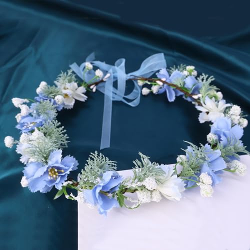 Boho Floral Crown for Women– Adjustable Faux Silk Flower Headband, Handmade Wedding Hair Accessory for Festivals & Photoshoots, Flower Hair Crown for Women (Blue White Flower Leaf, Adjustable) - color: Blue White Flower Leaf