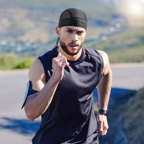 DOCILA 3 Pcs Do Rags for Men Skull Cap Bandana Hat Breathable Helmet Linner Beanie - color: Redblueblack