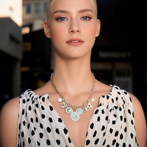 ORIGENCE Sun Heart Necklace for Women 18K Gold Plated Heart Pendant Necklace Chunky Chain Choker Necklaces Hip Hop Charm Necklaces Trendy Unisex Jewelry - style: 8Charm-Gold