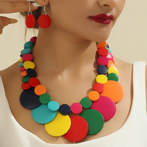 Chunky Wood Beaded Necklace Earrings Set African Tribal Collar Choker Necklace Geometric Ethnic Statement Jewelry - color: colorful