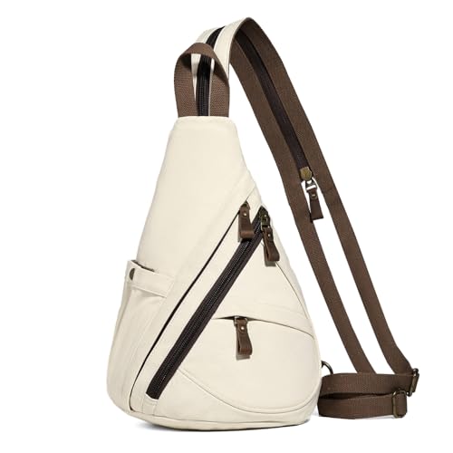 KL928 Canvas Sling Bag - Small Crossbody Backpack Shoulder Casual Daypack Rucksack for Men Women(Large Version,Beige) - color: Canvas-beige