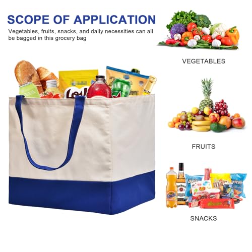 Canvas Reusable Grocery Bags Heavy Duty, 8.3 gal Foldable Large Tote Bag with Handles, Holds 60 lbs Canvas Shopping Bags, 1 Pack - color: [A1] Off White / Blue, size: 1 Pack