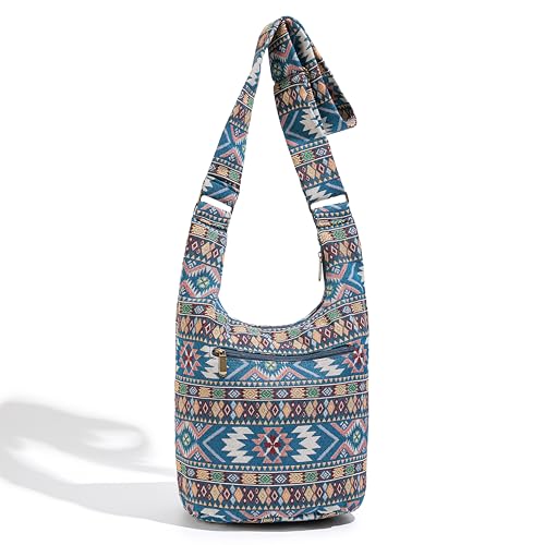 Coton Pose Women Hippie Crossbody Bag - Top Zip Large Capacity Canvas Sling Bag - Jacquard Cloth Handmade - color: Boho Blue