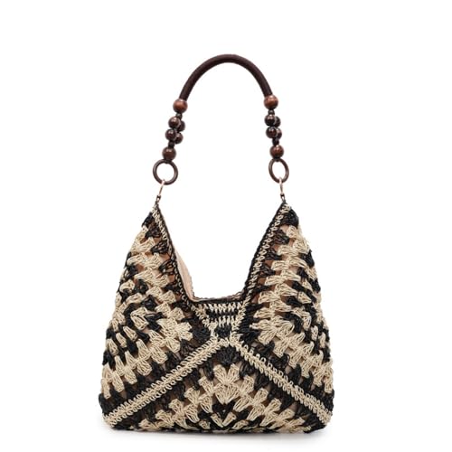 OANEXX Summer Straw Hobo Bags for Women Boho Woven Mesh Beach Tote Bag Large Capacity Crochet Vacation Shoulder Handbag - color: Black