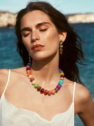 Summer Beach Jewelry Chunky Beaded Necklace for Women Trendy Statement Big Colorful Resin Bead Choker Necklaces Boho Charm Jewelry Cute Gifts for Love - color: Rainbow Colors