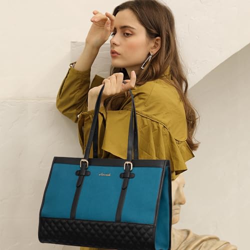 LOVEVOOK Laptop Bag for Women 15.6 inch Canvas Laptop Tote Bag, Large Capacity Work Bag with Clutch Purse, Computer Bag Office Business Briefcase, Casual Handbag for Travel College Teacher School - color: Dark Green, size: 15.6 inch