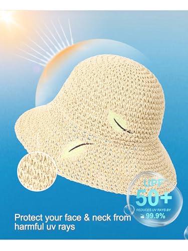 LA CARRIE Womens Sun Hat Floppy Packable Wide Brim UV Protection UPF 50+ Straw Hat with Embroidery for Summer Beach - color: Beige
