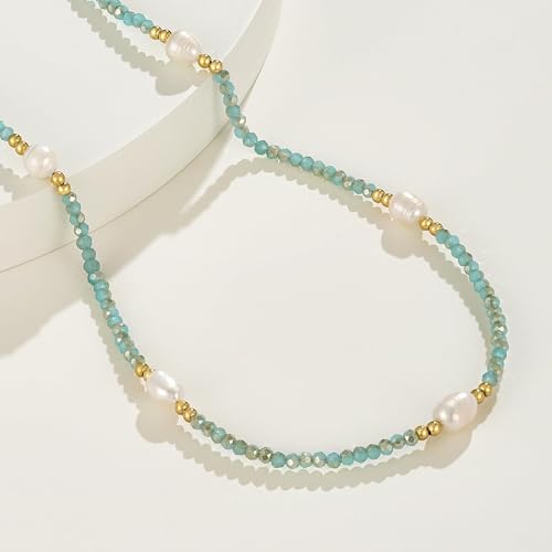 KissYan Beaded Choker Necklace for Women, Colorful Natural Gemstones Pearl Choker 14K Gold Plated Pendant Healing Crystal Necklace Handmade Stone Jewelry Gift - color: C-Pearl