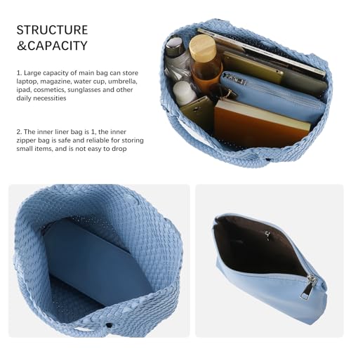 Handmade Woven Bag Satchel Handbag For Women Vegan Leather Tote Bag With Purses Travel Shoulder Bag Underarm Bag - color: Light Blue