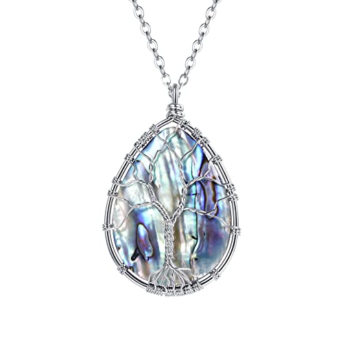 FOCALOOK Stainless Steel Wire Wrapped Tree of Life Abalone Necklaces Handmade Costume Jewelry Long Necklaces for Women (Send Gift Box) - style: 01.Tear Drop Shaped-Silver