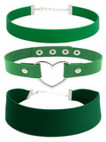 3-Pack Chokers — Velvet (1.5") + Leather (0.6") + Heart Pendant, Adjustable 12–18", Stainless Steel Hardware, 90s/Goth Layering Set — Black | Red | Green | White - color: Green