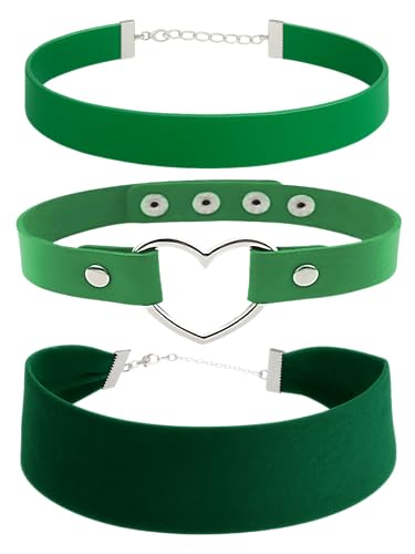 3-Pack Chokers — Velvet (1.5") + Leather (0.6") + Heart Pendant, Adjustable 12–18", Stainless Steel Hardware, 90s/Goth Layering Set — Black | Red | Green | White - color: Green