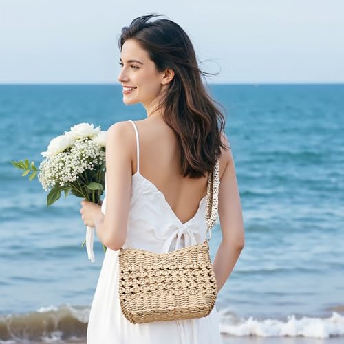 Herald Small Summer Crossbody Bags for Women, Beach Handmade Straw Woven Pocketbooks Handbag Shoulder Purse - color: Hollow Out Coffee