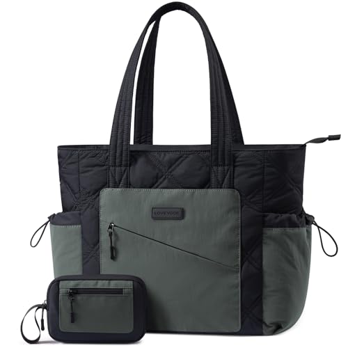 LOVEVOOK Tote Bag for Women, puffer tote bag for Work Travel Nurse, Lightweight quilted Bags with Compartments - color: M-15.6 Inch-slate Blue-black