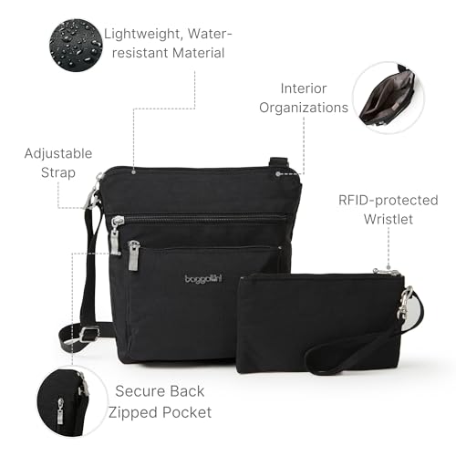 Baggallini Pocket Crossbody Bags for Women 8x8 Small Lightweight Durable Water-resistant Travel Purse W/Rfid - color: Black/Sand