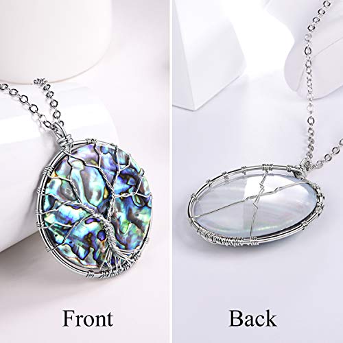 FOCALOOK Stainless Steel Wire Wrapped Tree of Life Abalone Necklaces Handmade Costume Jewelry Long Necklaces for Women (Send Gift Box) - style: 03.Round Shaped-Silver