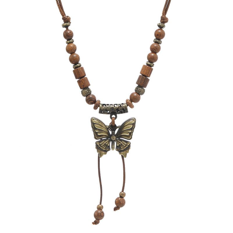 Leather Necklace with Stainless Steel Pendant for Men Women, Vintage Hemp Rope Tribal Choker Necklaces Adjustable 18-30 inch, Clasp-Free Long Necklace - color: Butterfly Pendant