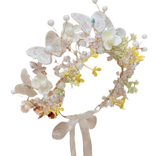 Boho Floral Crown for Women– Adjustable Faux Silk Flower Headband, Handmade Wedding Hair Accessory for Festivals & Photoshoots, Flower Hair Crown for Women (White Butterfly, Adjustable) - color: White Butterfly