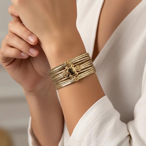 Edoneery Leather Wrap Bracelet for Women, Boho Handmade Multi-Layer Cuff with Crystal Beads Heart, Stackable Bangle Western Jewelry Gift - style: Circle(Gold)