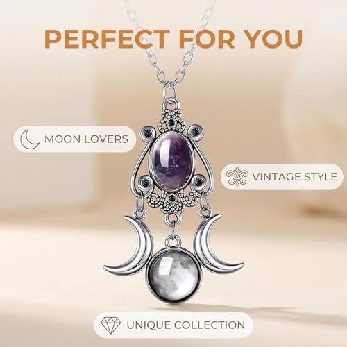 Gothic Vintage Gem Pendant Necklace | Victorian Style Filigree Silver-Tone Jewelry | Ideal Gift for Party Cosplay & Daily Wear - color: Purple Triple Moon