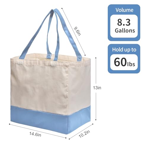 Reusable Grocery Bags Heavy Duty, 8.3 gal Foldable Large Canvas Tote Bag with Handles, Holds 60 lbs Canvas Shopping Bags, 1 Pack（Off White+Light Blue） - color: [A1] Off White / Light Blue, size: 1 Pack