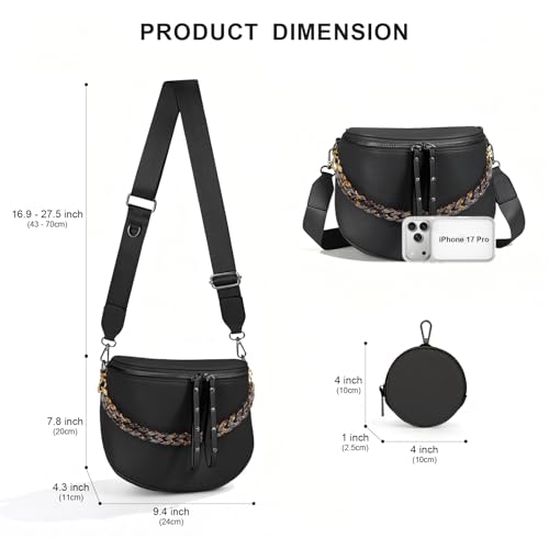 Crossbody Bags for Women, Large Vegan Leather Trendy Bum Bag - color: Black+amber Chain