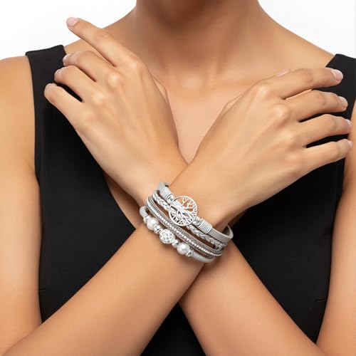 Edoneery Leather Wrap Bracelet for Women, Boho Handmade Multi-Layer Cuff with Crystal Beads Heart, Stackable Bangle Western Jewelry Gift - style: Tree of Life(Silver)