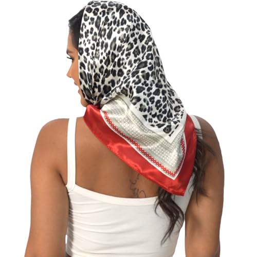 Leopard Print Head Scarf for Women Like Silk Satin Scarf for Hair Wrapping at Night Bandana Square Scarf 35 Inches - color: Red