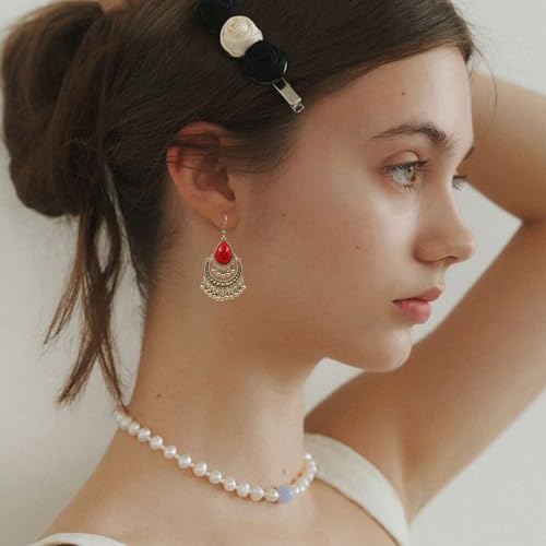 Handmade Teardrop Turquoise Earrings Necklace Set for Women Bohemia Tribal Antique Ethnic Style Earring Delicate Teardrop Gemstone Dangle Drop Statement Earrings Western Jewelry - color: Red Tassel