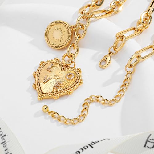 ORIGENCE Sun Heart Necklace for Women 18K Gold Plated Heart Pendant Necklace Chunky Chain Choker Necklaces Hip Hop Charm Necklaces Trendy Unisex Jewelry - style: 2Charm-Gold N