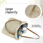 Oweisong Beach Bags for Women Woven Crochet Summer Purse 2026 | Boho Tote Bag, 13.8" Large Capacity, Tote Bag with Zipper, Foldable Packable, Beach Shipping, Vacation Purse - color: Begie