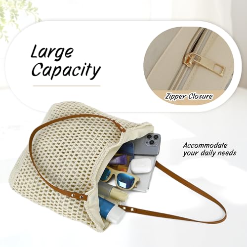 Oweisong Beach Bags for Women Woven Crochet Summer Purse 2026 | Boho Tote Bag, 13.8" Large Capacity, Tote Bag with Zipper, Foldable Packable, Beach Shipping, Vacation Purse - color: Begie