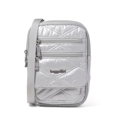 Baggallini Journey Crossbody Bags for Women 9x6 Small Lightweight Travel Handbag W/RFID - color: Silver Metallic Quilt