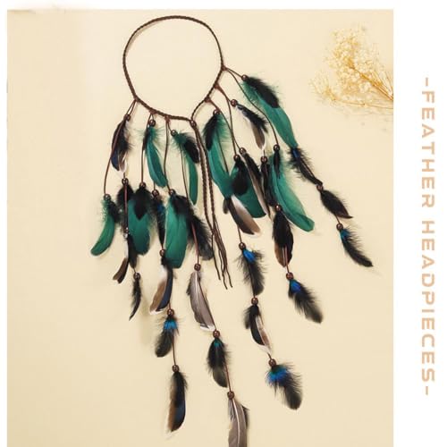 GORTIN Boho Feather Headband Gypsy Headpiece Headdress Bohemian Hippie Headbands Indian Festival Hair Band Adjust Long Feather Hair Accessories for Women and Girls (Black+Green) - color: Black+Green