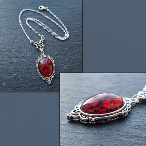 Gothic Vintage Gem Pendant Necklace | Victorian Style Filigree Silver-Tone Jewelry | Ideal Gift for Party Cosplay & Daily Wear - color: Red with Rose