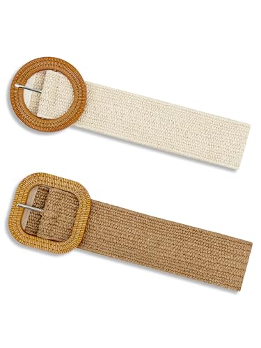2/4 Pack Straw Woven Elastic Stretchy Waist Belts for Women, Fashion Boho Waist Belt Rattan Raffia Ladies Belts - color: Pattern5, size: Medium