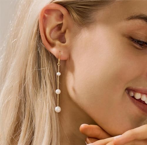 Hayopi Pearl Earrings for Women - Dainty Gold Dangle Drop Earrings, 14k Gold Plated Cute Bow Design, Hypoallergenic Pearl Studs, Wedding Jewelry Gifts - color: GOLD-3 dangle pearl earrings
