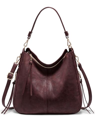 Realer Hobo Crossbody Bags for Women Designer Faux Leather Hobo Handbags Retro Large Size Shoulder Bag Bucket Purse - color: Dark Red Brown, size: Medium-12.4 inch