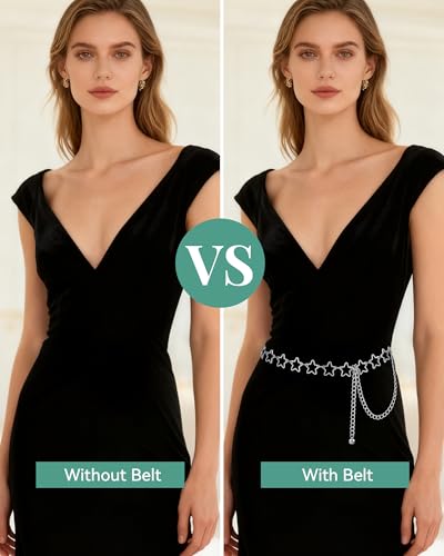 AWAYTR Cute Chain Belts for Women - Metal Waist Chain Belt for Dresses Jeans Country Concert Outfit - color: Silver-star
