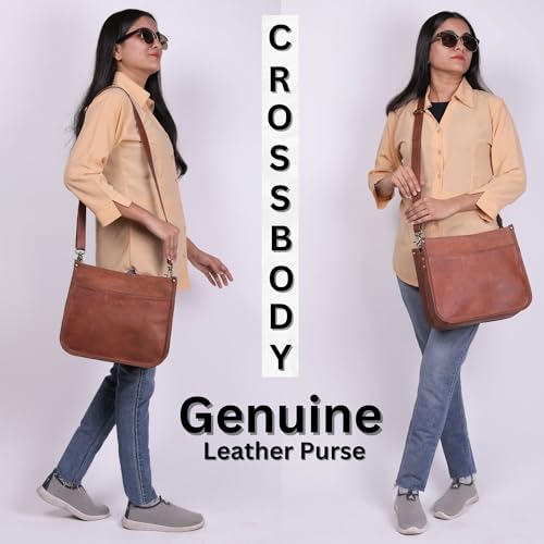 Genuine Leather Crossbody Purse for Women – Medium Satchel Bag with Zipper Pocket – Soft Vintage Boho Handbag - color: Brown