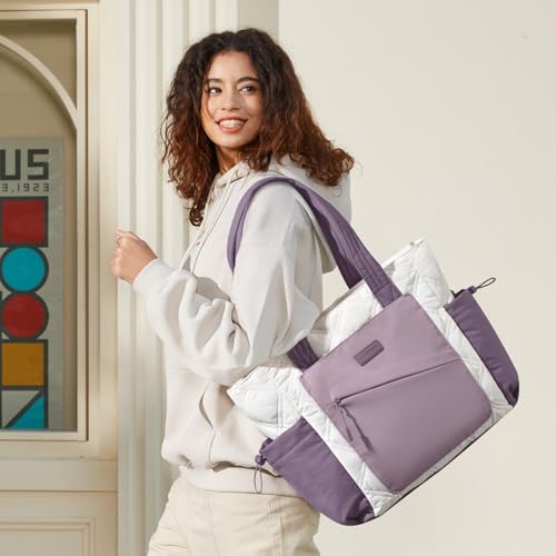 LOVEVOOK Tote Bag for Women, puffer tote bag for Work Travel Nurse, Lightweight quilted Bags with Compartments - color: ‎m-15.6 Inch-cream-purple
