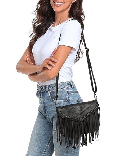 HDE Women's PU Leather Hobo Fringe Crossbody Tassel Purse Vintage Small Flap Envelope Handbag Western Sling Shoulder Bag - color: Black