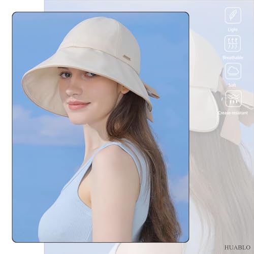 Wide Brim Hats for Woman Foldable Hats Sun Hats for Women uv Protection Bowknot Bucket hat Adjustable hat with Ponytail Hole - color: Beige