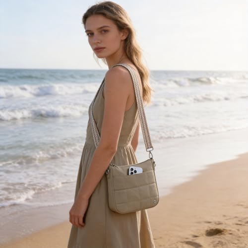 Anti Theft Crossbody Bags for Women,Quilted Puffer Travel Purses Shoulder Hobo Bag Handbag with Guitar Strap - color: Grey