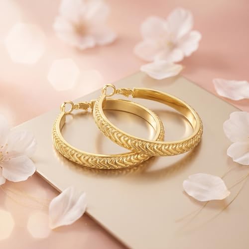 14K Gold Texture Earrings, 37/42mm Gold Hoop Earrings Classic Round Hoop Earring for Women Gold Jewelry Gift for Women - style: Texture Earrings-42mm