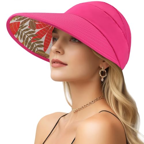 Sun Hats for Women, Wide Brim Beach Hats UV Protection, Packable Visor Ponytail Sunhat for Summer - color: Rhodo