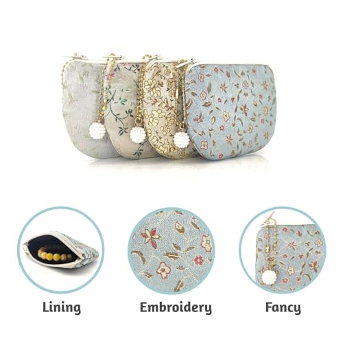 Handmade Women Coin Purse Rosary Pouch Silk Jewelry Bag Brocade Zipper Wallet - Turquoise - color: Turquoise