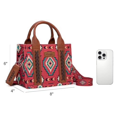 Wrangler Mini Aztec Tote Bag for Women Boho Small Top Handle Purse with Adjustable Strap - color: Boho Burgundy Red